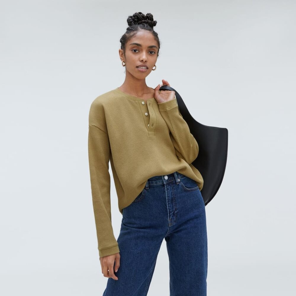 Everlane Organic Cotton Waffle Henley Shirt Brown Women’s M